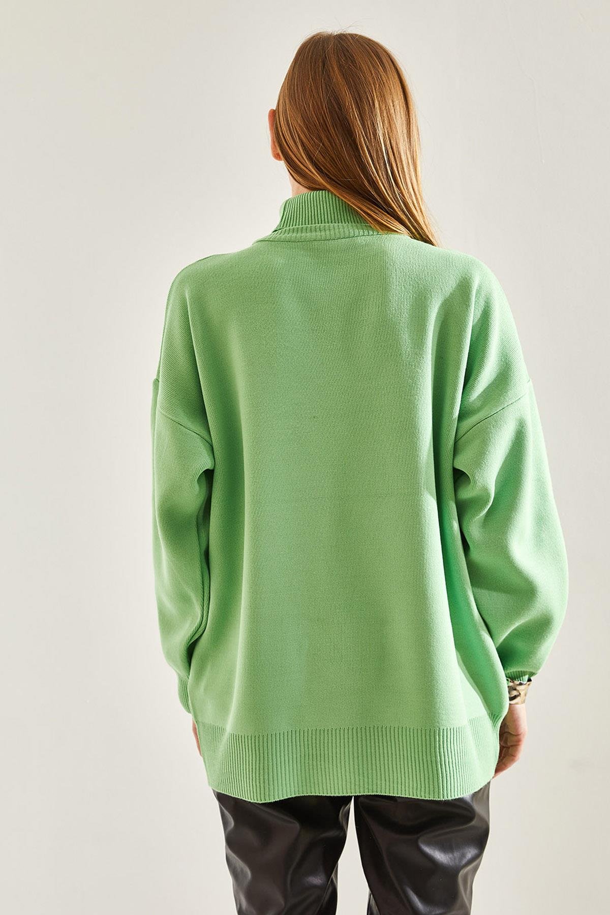 【ねっこ】 Kadın Balıkçı Yaka Oversize Triko Kazak STK281 - Mint Yeşili