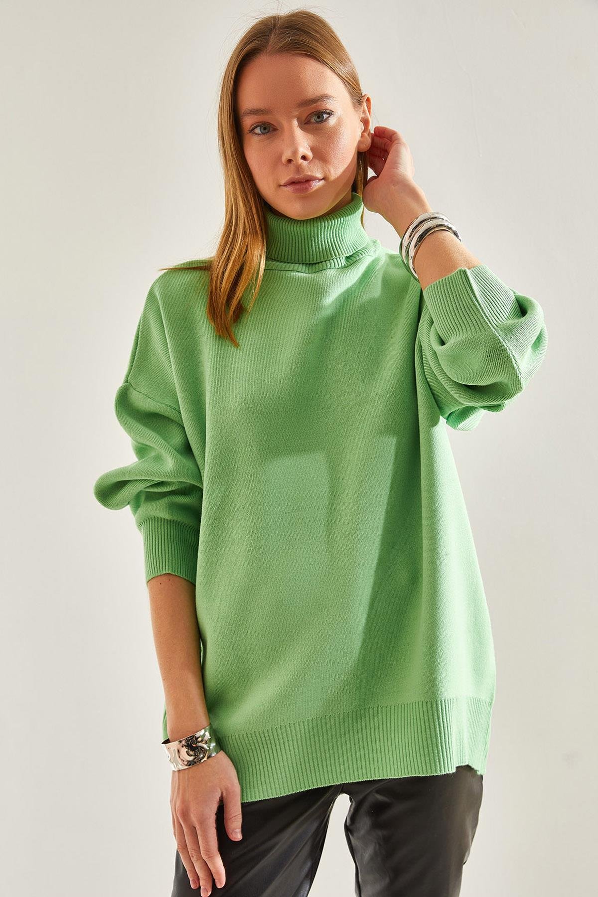 【ねっこ】 Kadın Balıkçı Yaka Oversize Triko Kazak STK281 - Mint Yeşili