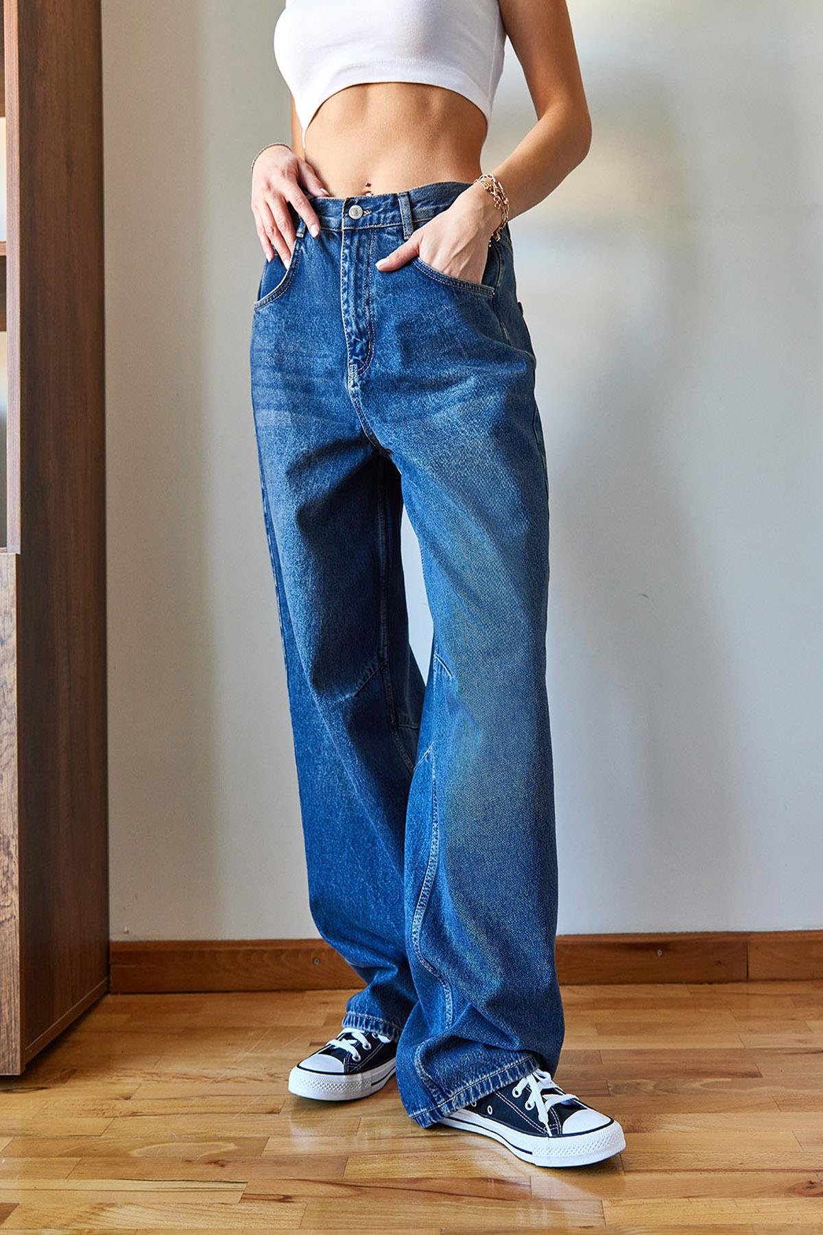 Kadın Bol Paça Baggy Denim Pantolon 388 60351104 - Mavi