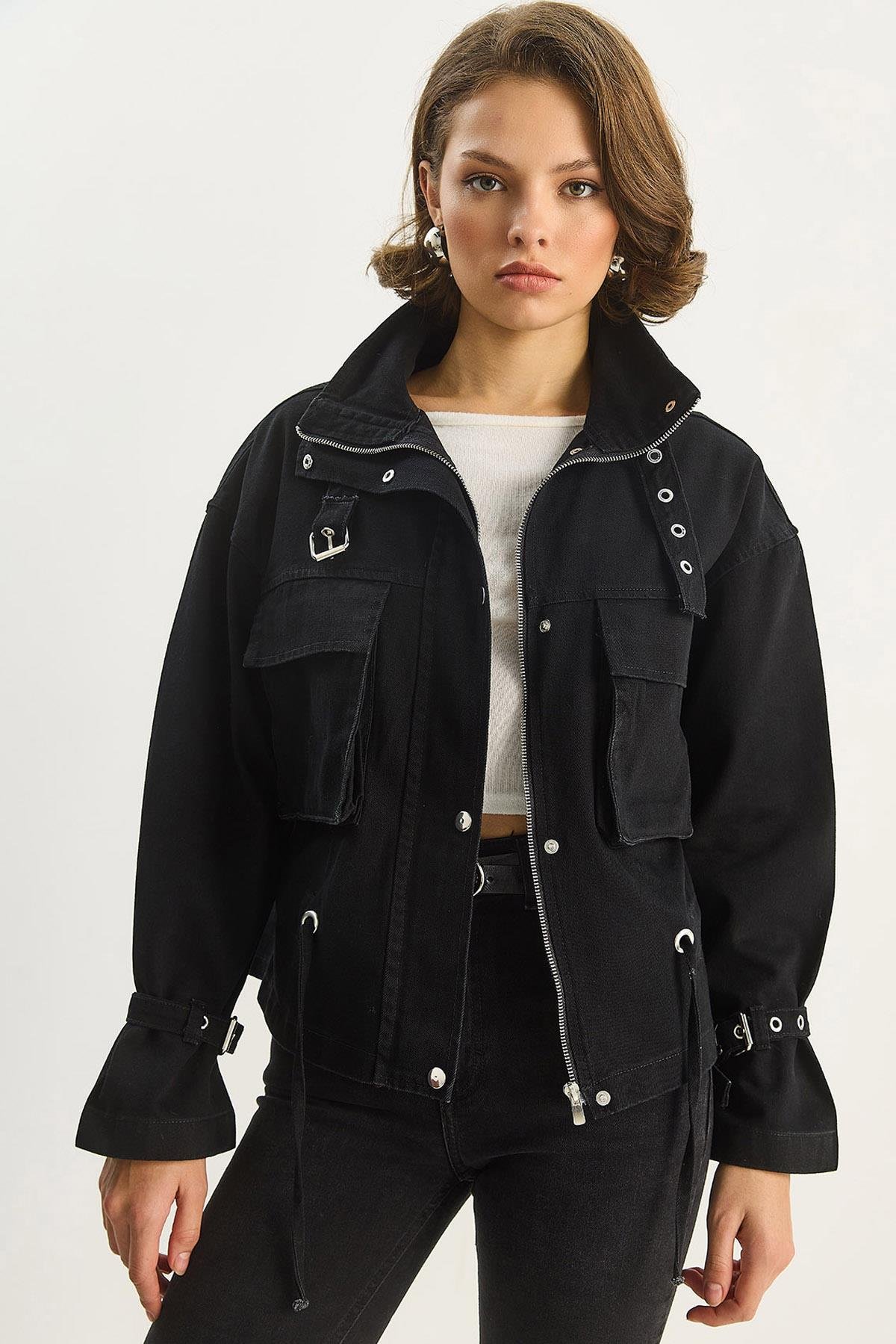 Kadın Büyük Cep Detaylı Fermuarlı Gabardin Denim Ceket 4074