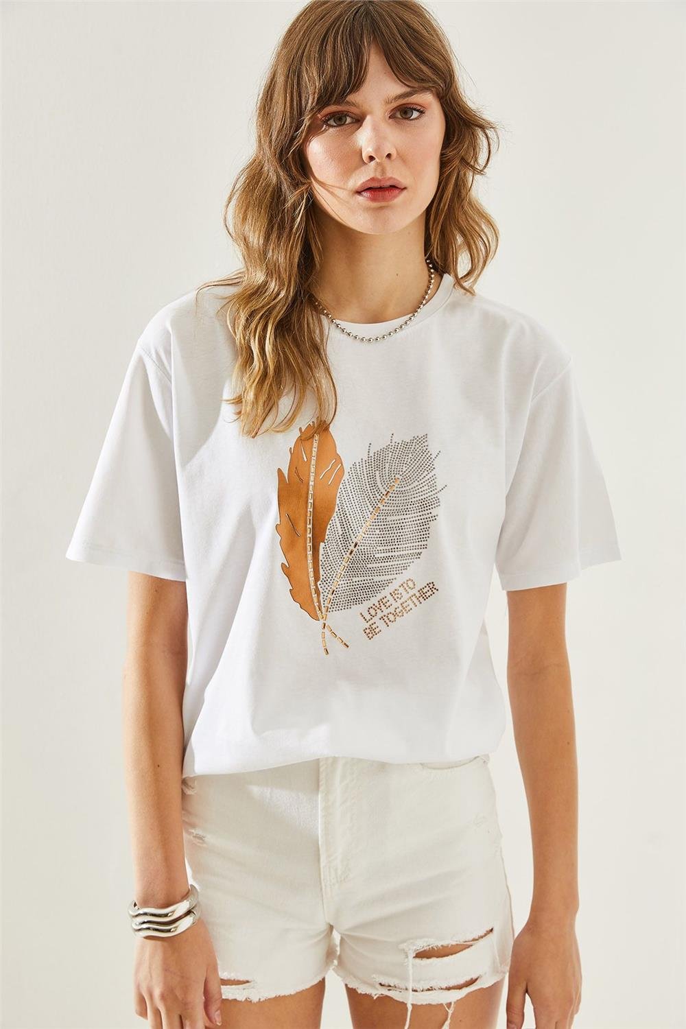 Kadın Yaprak Desenli Taş Detaylı Basic Penye T-Shirt 60251210 - Beyaz