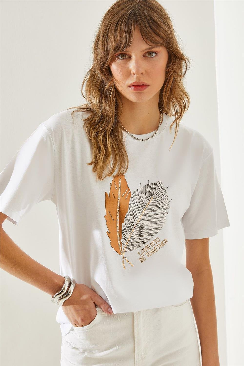 Kadın Yaprak Desenli Taş Detaylı Basic Penye T-Shirt 60251210 - Beyaz