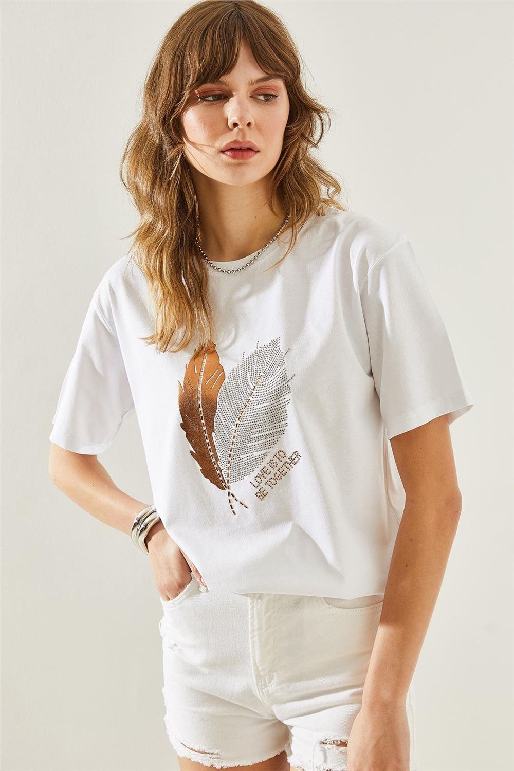 Kadın Yaprak Desenli Taş Detaylı Basic Penye T-Shirt 60251210 - Beyaz