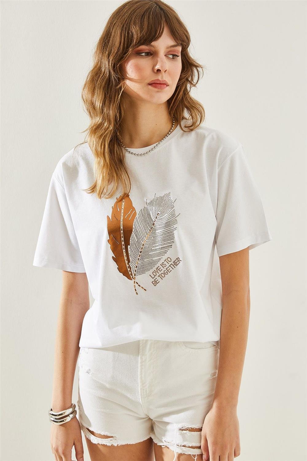 Kadın Yaprak Desenli Taş Detaylı Basic Penye T-Shirt 60251210 - Beyaz