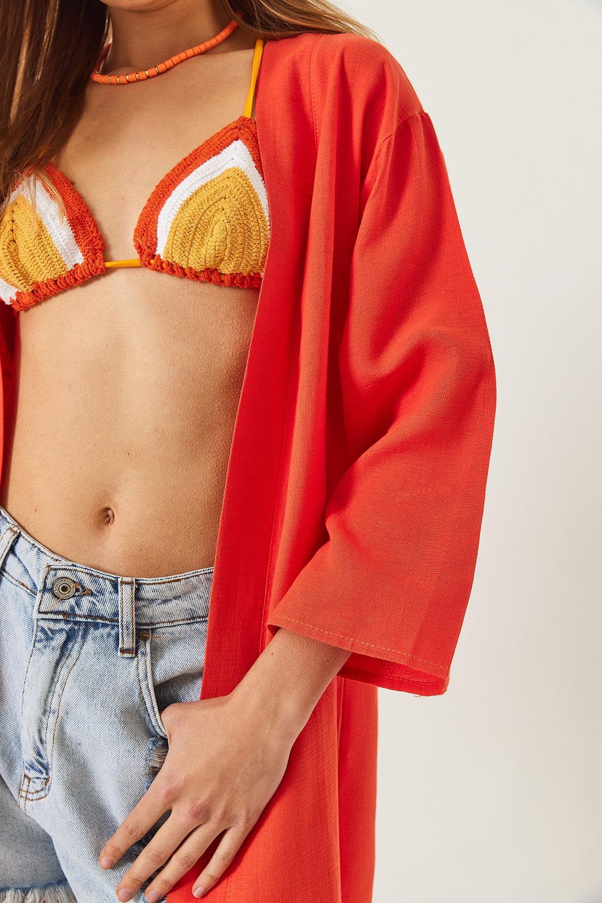 Keten Dokulu Kısa Basic Kimono 60261496 - Orange