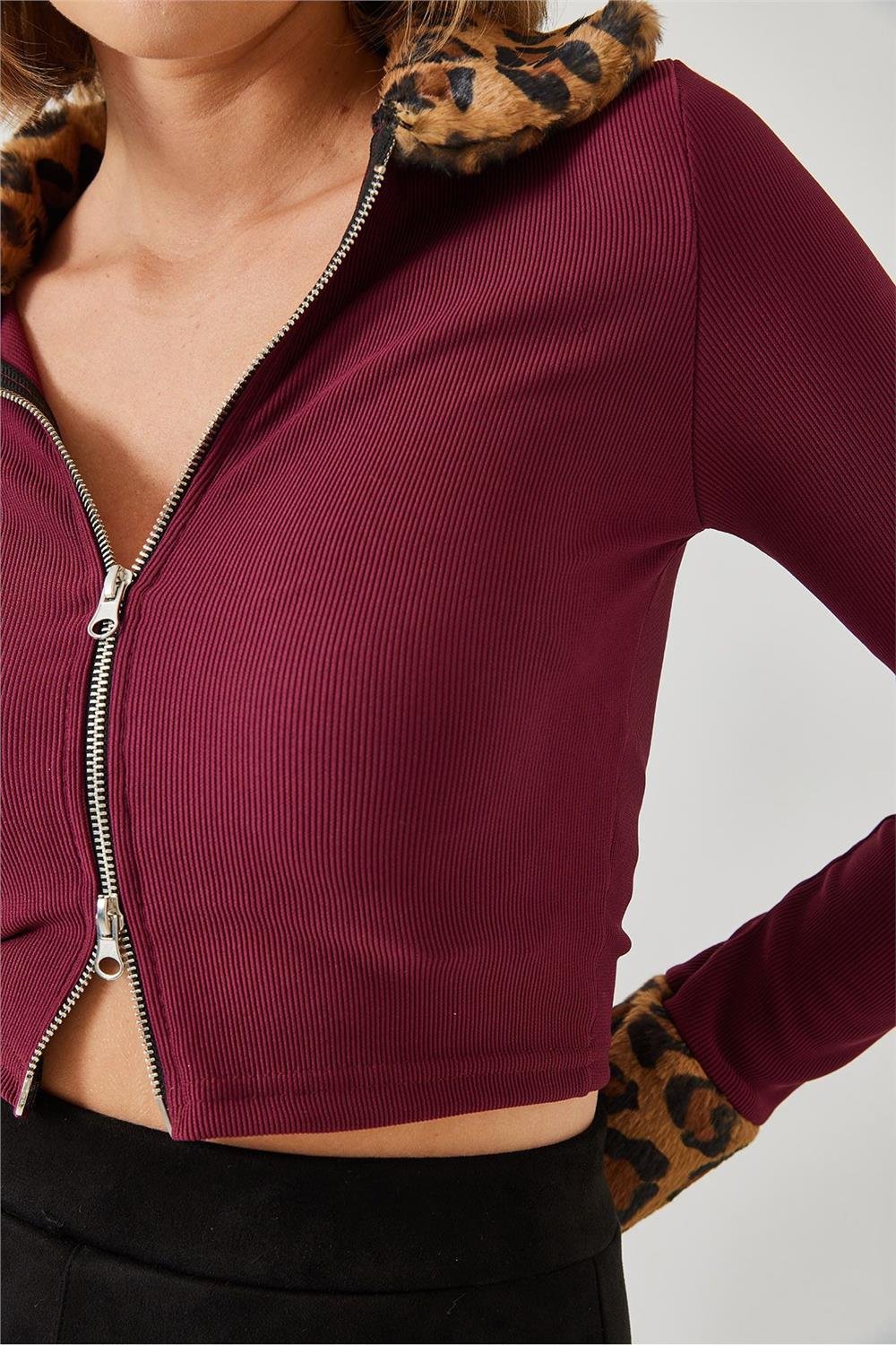 Leopar Peluşlu Fermuarlı Hırka 60261015 - Bordo