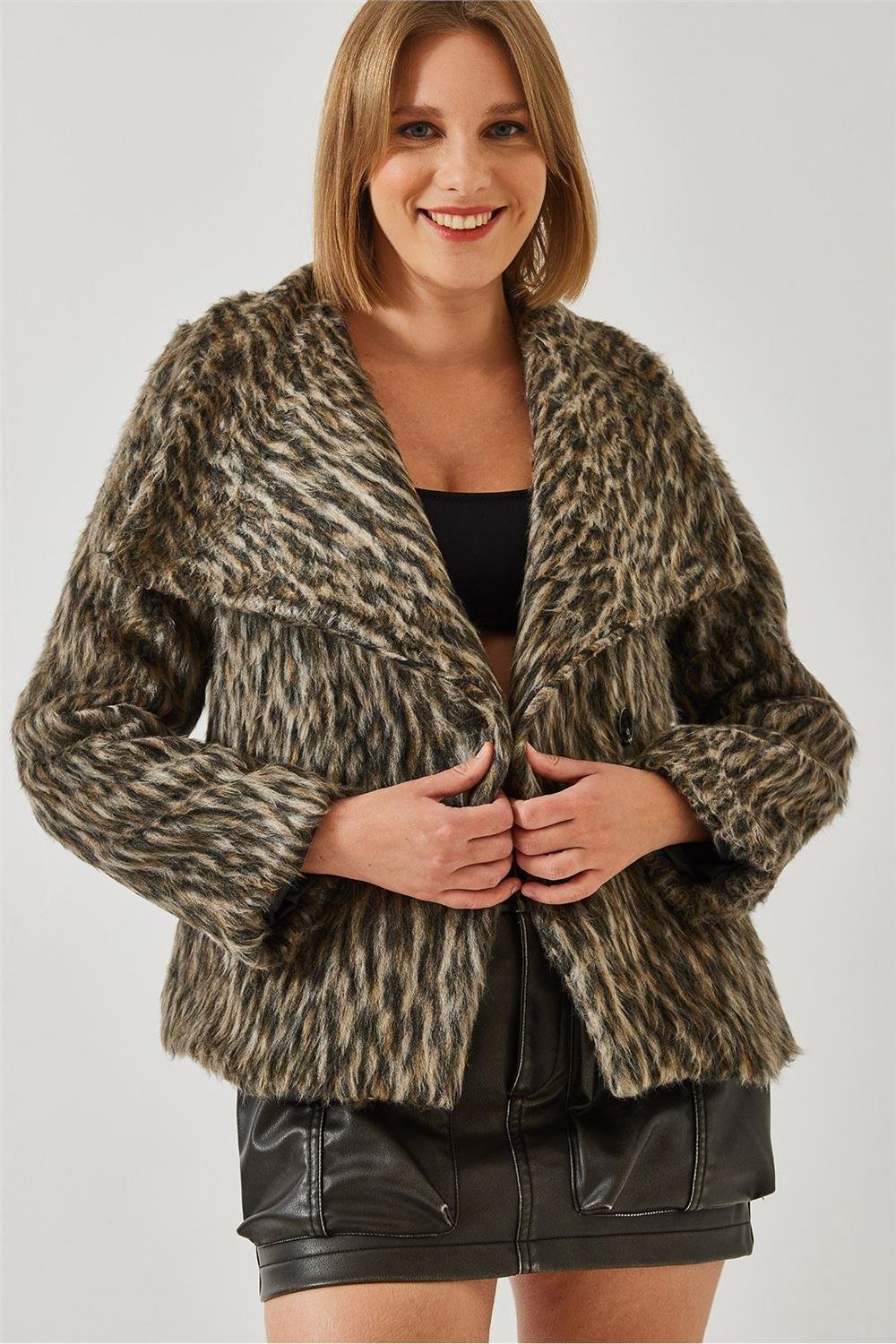 Şardonlu Leopar Desenli Mont 60261031 - Siyah-Camel