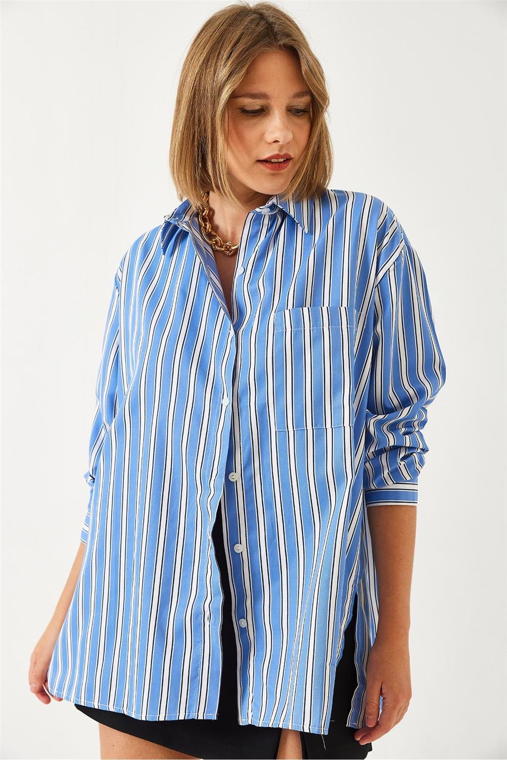 Tek Cepli Çizgili Oversize Gömlek 60261094 - Mavi