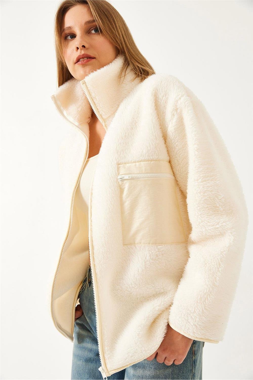Tek Cepli Peluş Hırka 55446 60261066 - Krem