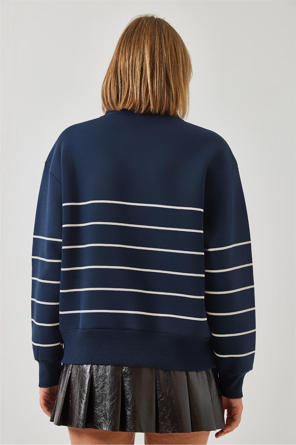 Üç İplik Şardonlu Fermuarlı Nakışlı Çizgili Sweatshirt 6481 60261027 - Lacivert