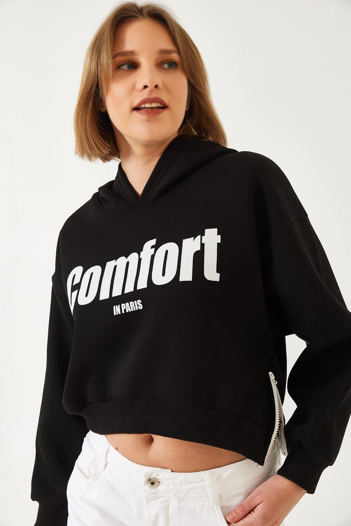 Üç İplik Şardonlu Yanları Fermuarlı Crop Sweatshirt 60261016 - Siyah