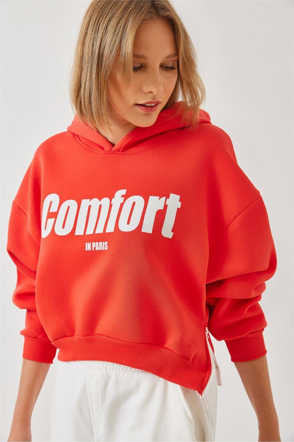 Üç İplik Şardonlu Yanları Fermuarlı Crop Sweatshirt 60261016 - Nar Çiçeği
