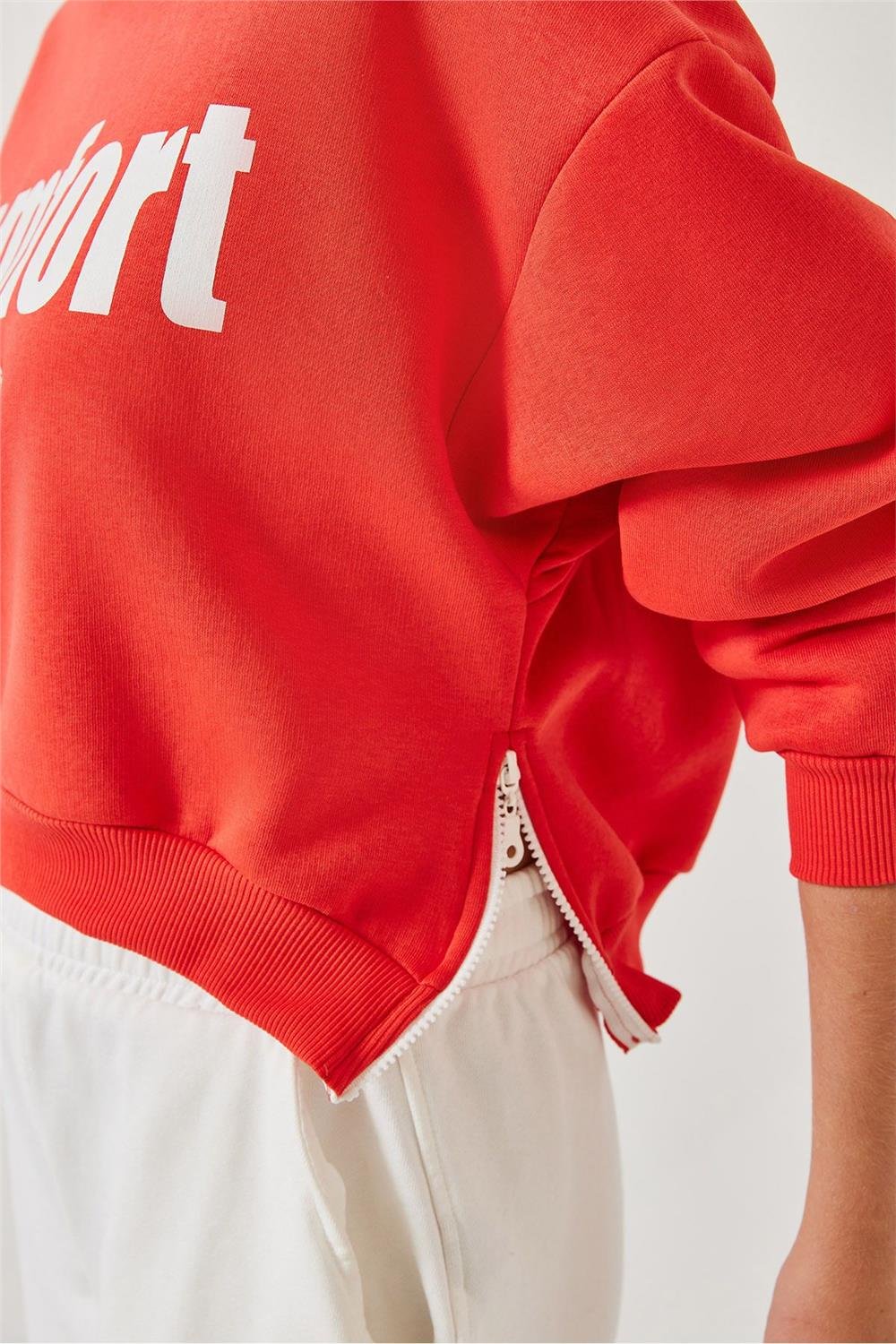 Üç İplik Şardonlu Yanları Fermuarlı Crop Sweatshirt 60261016 - Nar Çiçeği