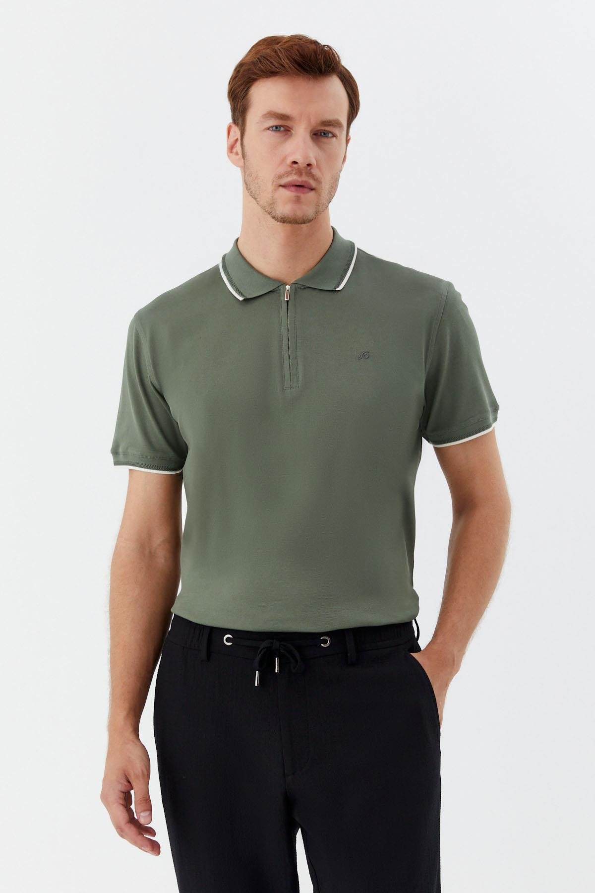 Fermuarlı Polo Yakak Pike Erkek T-Shirt Yeşil