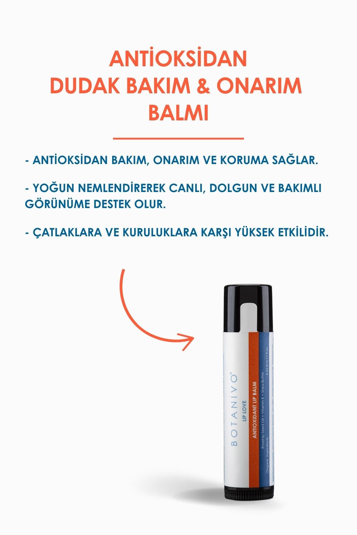 Botanivo Antioksidan Dudak Bakım & Onarım Balmı | Nemlendirici, Besleyici, Koruyucu | Organik | 5 ml Stick