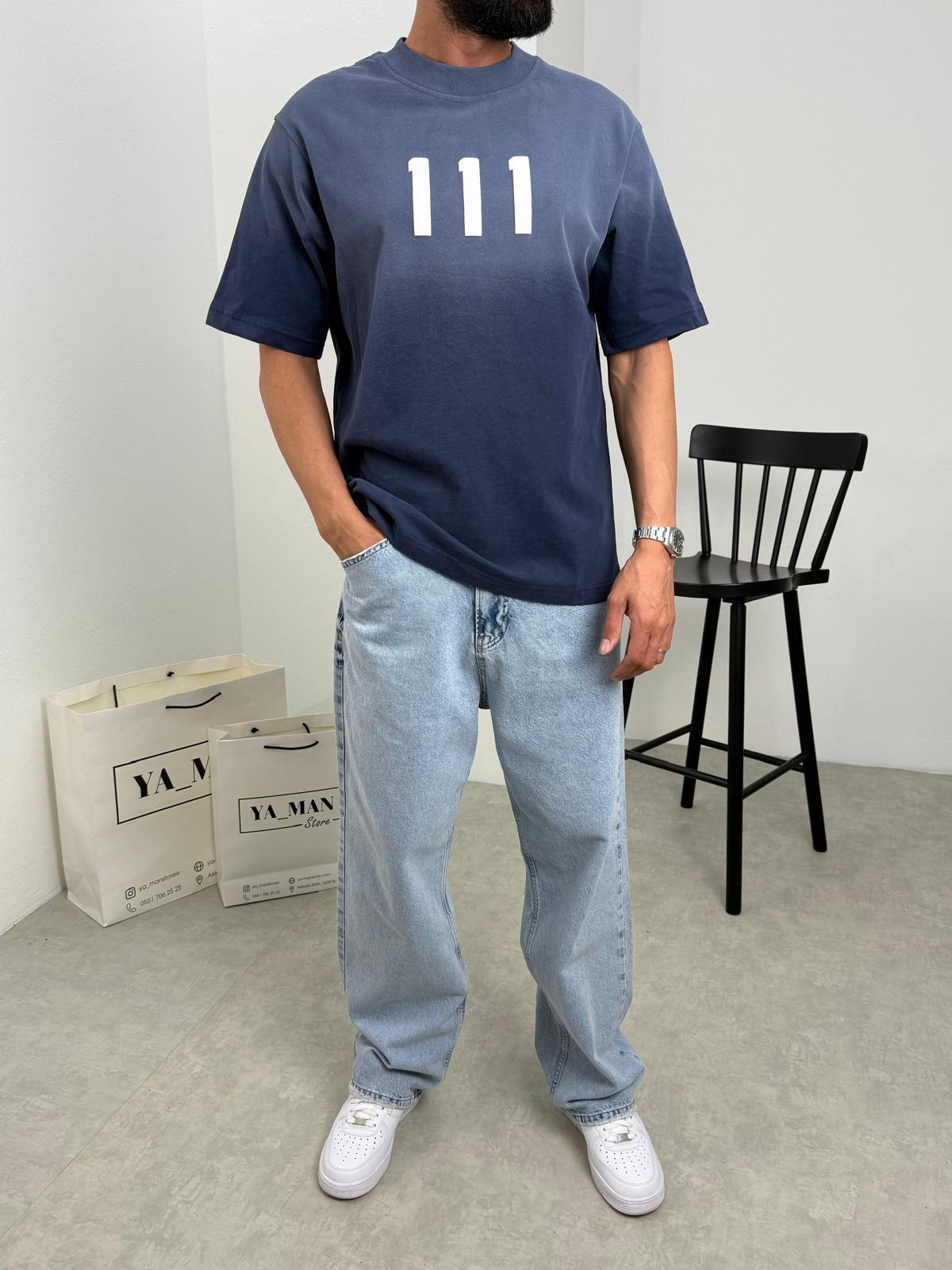 111 Baskılı Yıkamalı T-Shirt Lacivert