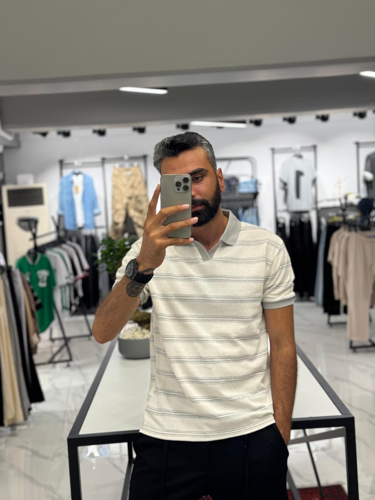 Çizgili Polo Yaka Pamuk Kumaş Gri