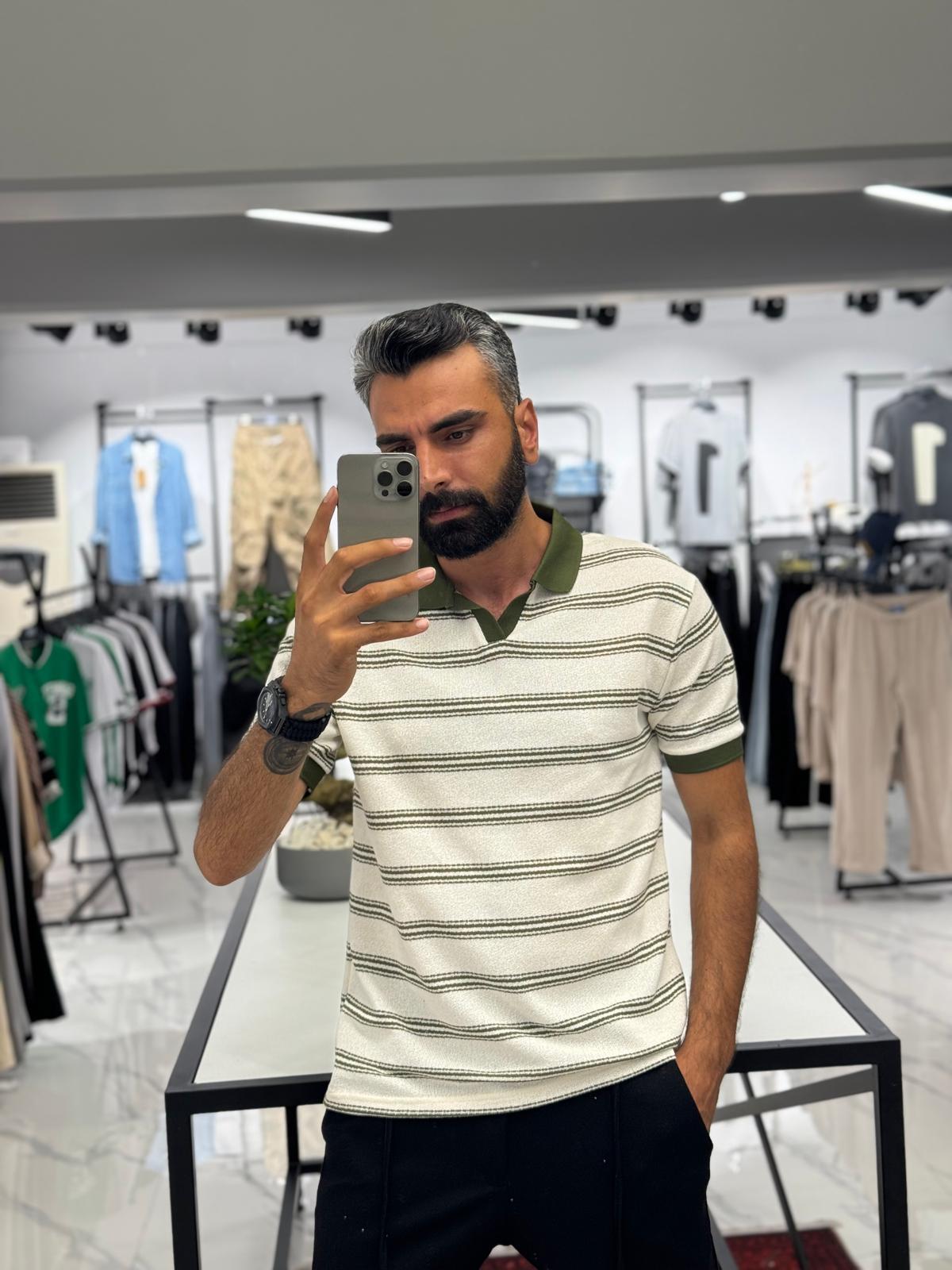Çizgili Polo Yaka Pamuk Kumaş Haki