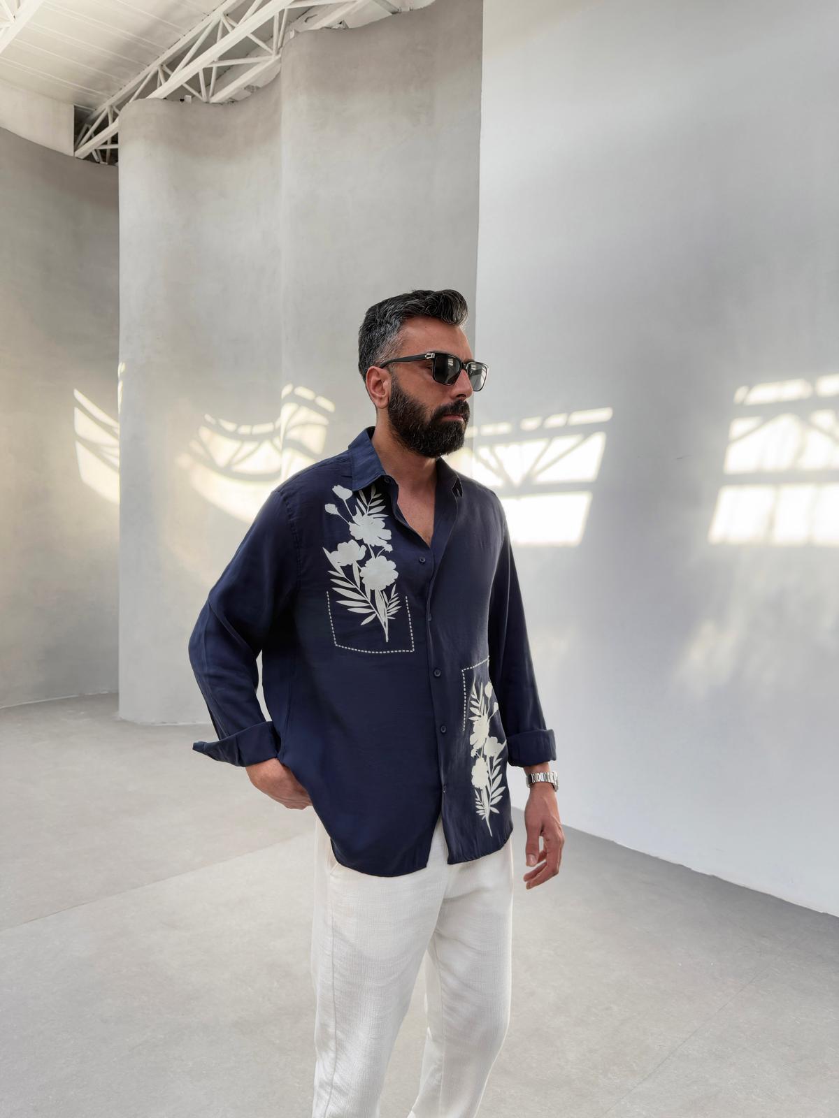 Oversize Çiçek Baskılı Gömlek Lacivert