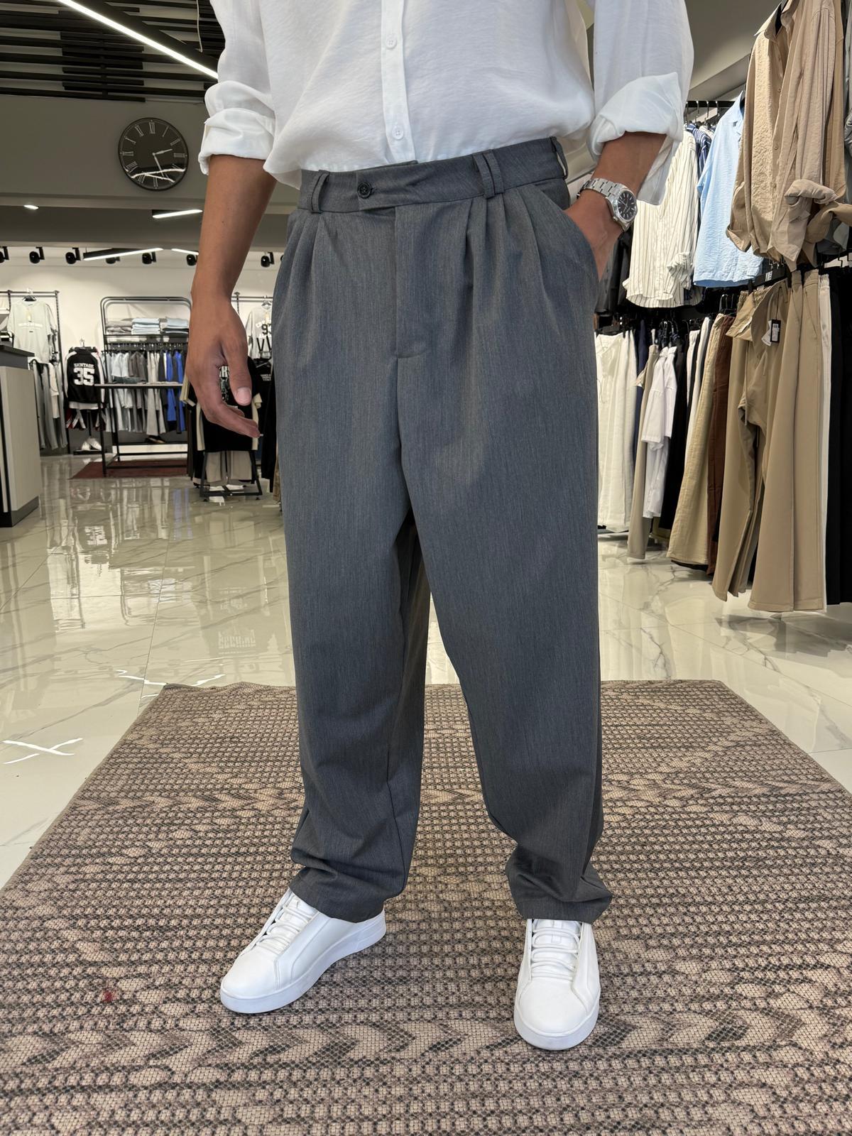 Pile Detaylı Çift Düğmeli Baggy Kalıp Kumaş Pantolon Gri