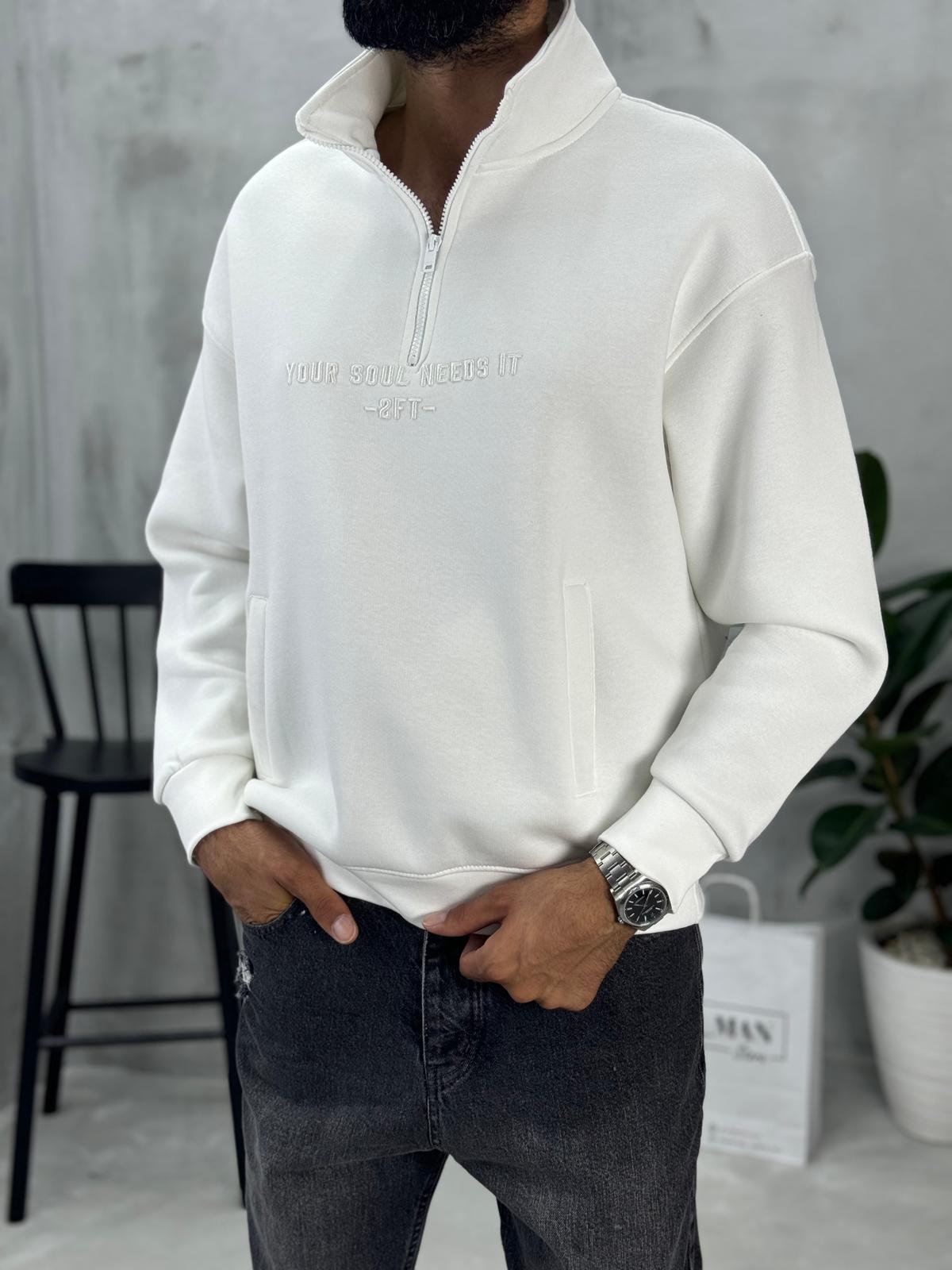 Yarım Fermuarlı Baskılı Sweatshirt Beyaz