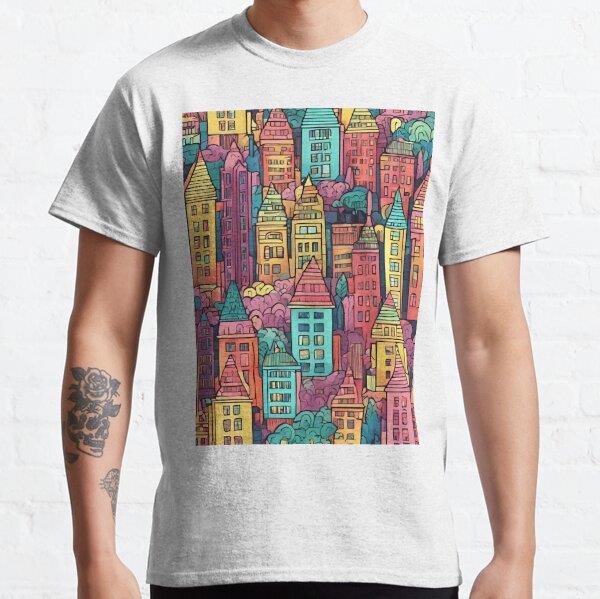  Magical Colorful City Pattern Tasarım Baskılı Tişört (bol kalıp t-shirt)