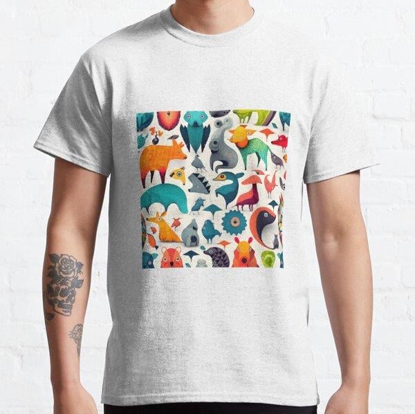 Animals pattern 2 - white background Tasarım Baskılı Tişört (bol kalıp t-shirt)