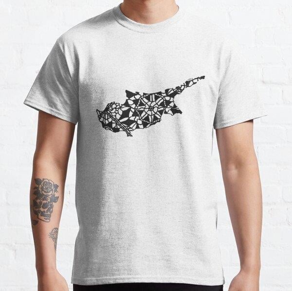 Black Pattern Map Outline of Cyprus Tasarım Baskılı Tişört (bol kalıp t-shirt)