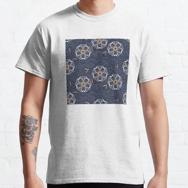 blue lotus pattern modern Tasarım Baskılı Tişört (bol kalıp t-shirt)