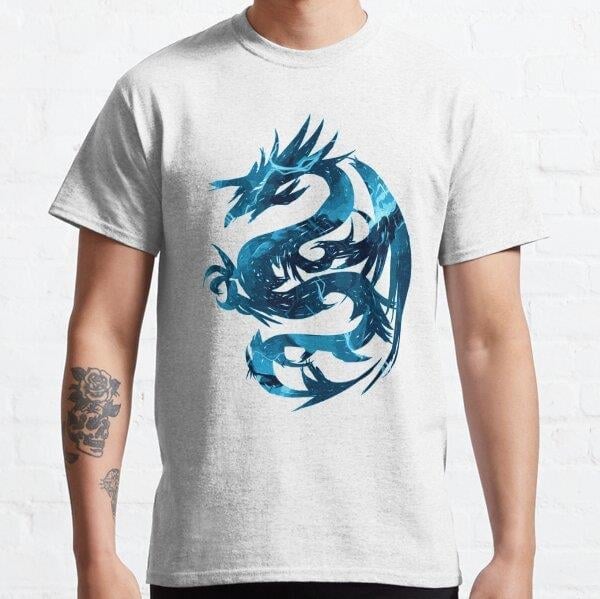Blue waves lightning dragon silhouette. Legendary ocean serpent. Black Tasarım Baskılı Tişört (Bol kesim t-shirt)