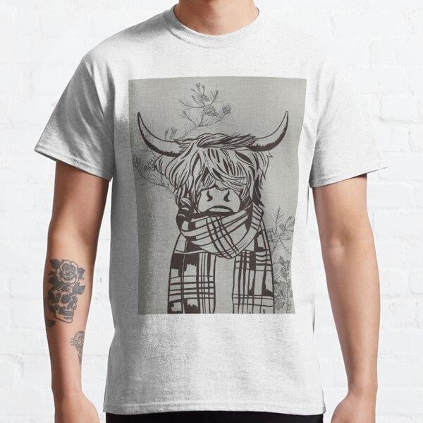 Christmas Tree Patterns And Scottish Highland Cow  Tasarım Baskılı Tişört (bol kalıp t-shirt)