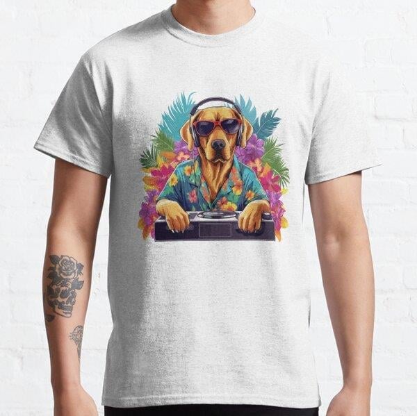 cool labrador playing music with sunglasses and Hawaiian shirt Tasarım Baskılı Tişört (Bol kalıp t-shirt)