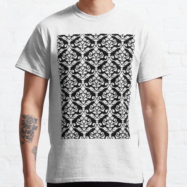 Cresta Damask Pattern White on Black Tasarım Baskılı Tişört (bol kalıp t-shirt)