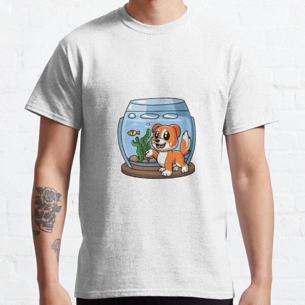 Cute Dog Puppy and a Fish in a Tank Tasarım Baskılı Tişört (Rahat Kalıp T-shirt)