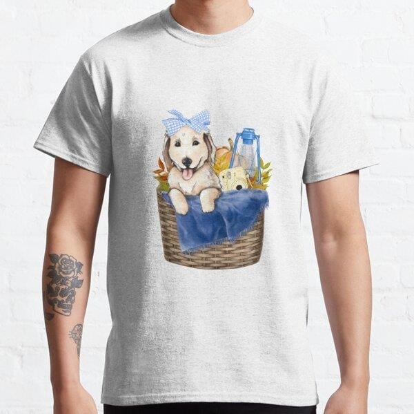Cute Golden Retriever Cozy Fall Autumn Illustration Woodland Animals Tasarım Baskılı Tişört (Rahat kalıp t-shirt)