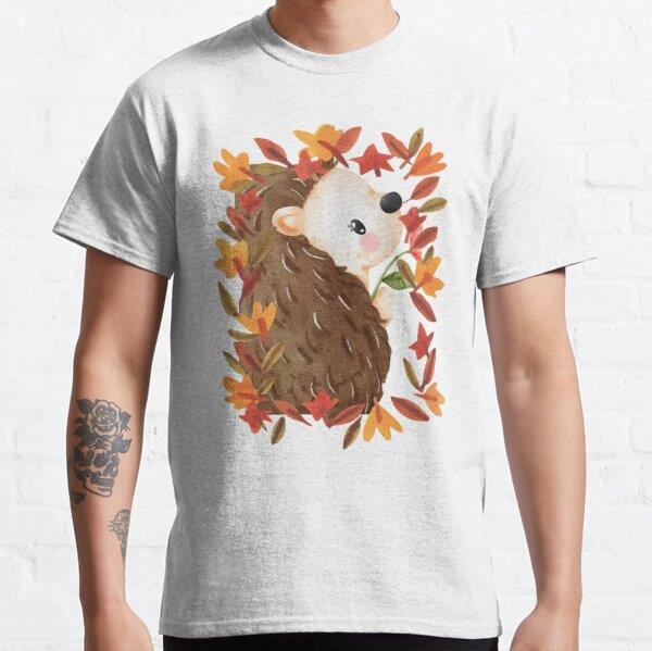 Cute Hedgehog Autumn Leaves Fall Sticker Tasarım Baskılı Tişört (Rahat kalıp t-shirt)