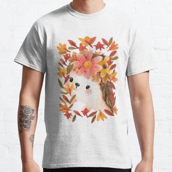 Cute Hedgehog Autumn Leaves Fall Sticker Tasarım Baskılı Tişört (Rahat kalıp t-shirt)