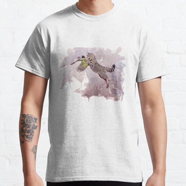 European Wild Cat catching Grey-headed Woodpecker Tasarım Baskılı T-Shirt (bol kalıp tişört)