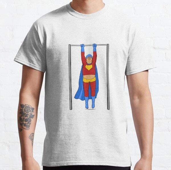 Fat Superhero doing workout on horizontal bar Tasarım Baskılı Tişört (bol kalıp t-shirt)