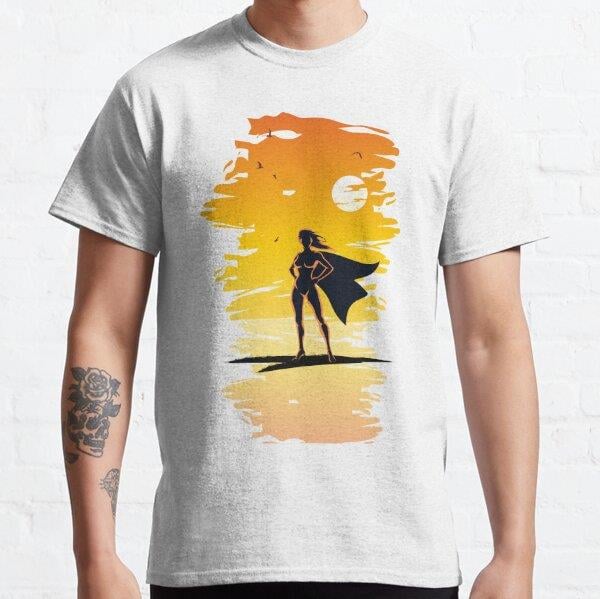 Female Superhero Sunset Tasarım Baskılı Tişört (bol kalıp t-shirt)