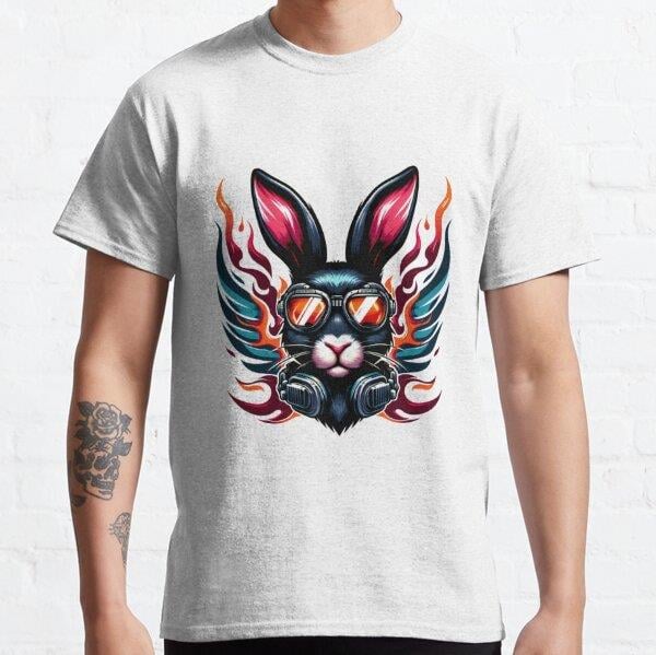 Fiery DJ Bunny with Sunglasses Tasarım Baskılı Tişört (Bol kalıp t-shirt)