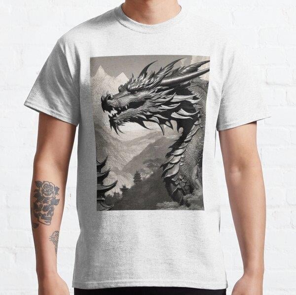 Framed Pen and Ink Dragon Profile Tasarım Baskılı Tişört (Bol kesim t-shirt)