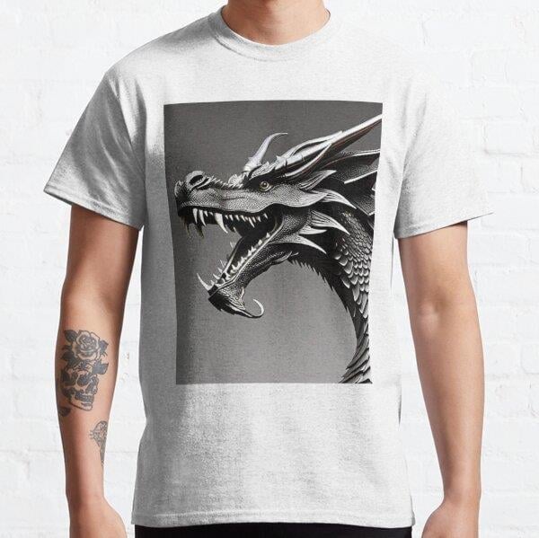 Framed Roaring Dragon in Pen and Ink Tasarım Baskılı Tişört (Bol kesim t-shirt)