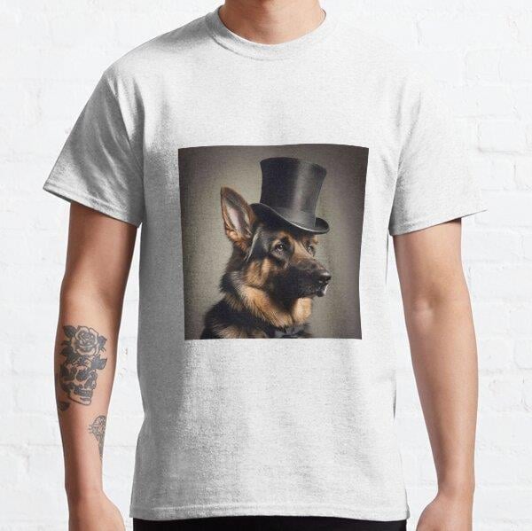 German Shepherd in a top hat Tasarım Baskılı Tişört (Rahat Kalıp T-shirt)