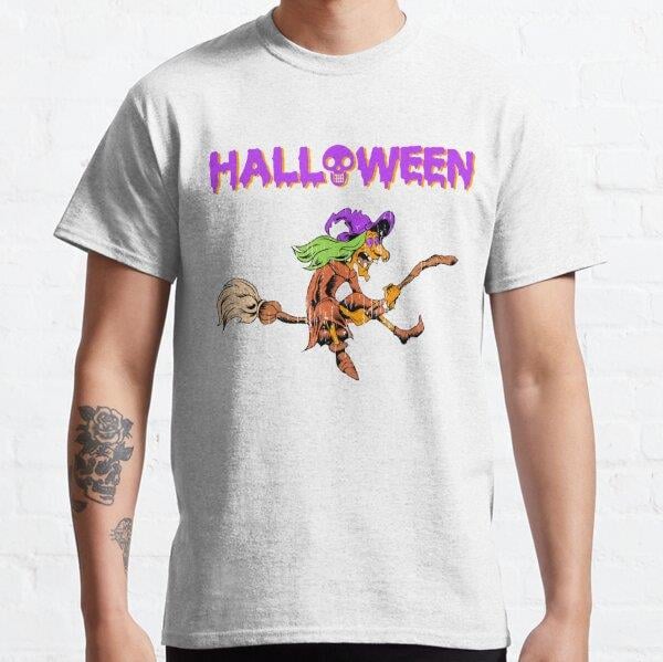 Halloween crazy Witch on Broom Holiday T shirt Tasarım Baskılı Tişört (Bol kesim t-shirt)