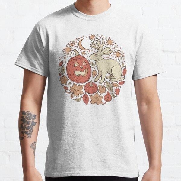 Halloween Friends | Jackalope and Jack-O-Lantern Autumn Art Tasarım Baskılı Tişört (Rahat kalıp t-shirt)