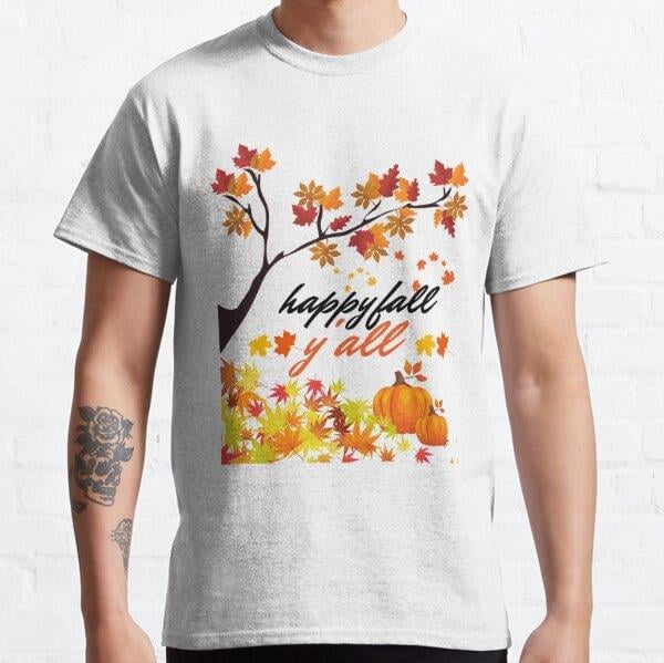 happy fall y'all funny autumn tree with falling leaves harvest pumpkin and squirrels  Tasarım Baskılı Tişört (Rahat kalıp t-shirt)