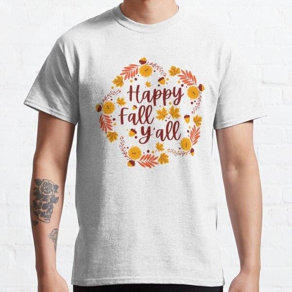 Happy Fall Y'all wreath of leaves and acorns Tasarım Baskılı Tişört (Rahat kalıp t-shirt)