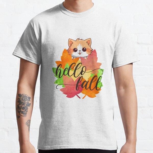 Hello Fall  Hello Autumn Cat Kitten Tasarım Baskılı Tişört (Rahat kalıp t-shirt)