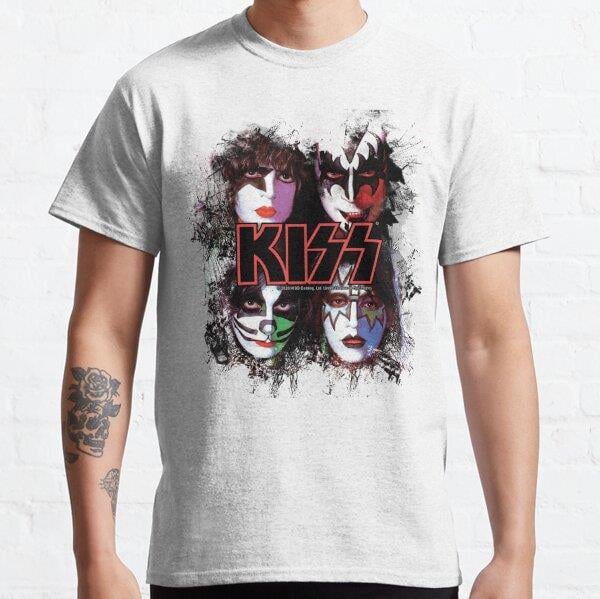 KISS ® the Band - All Members Faces brush effect Tasarım Baskılı Tişört (Bol kalıp t-shirt)